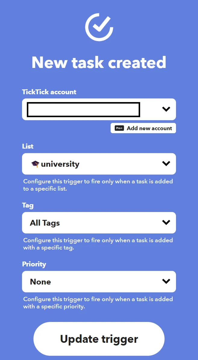 TickTick setup for the hook inside IFTTT