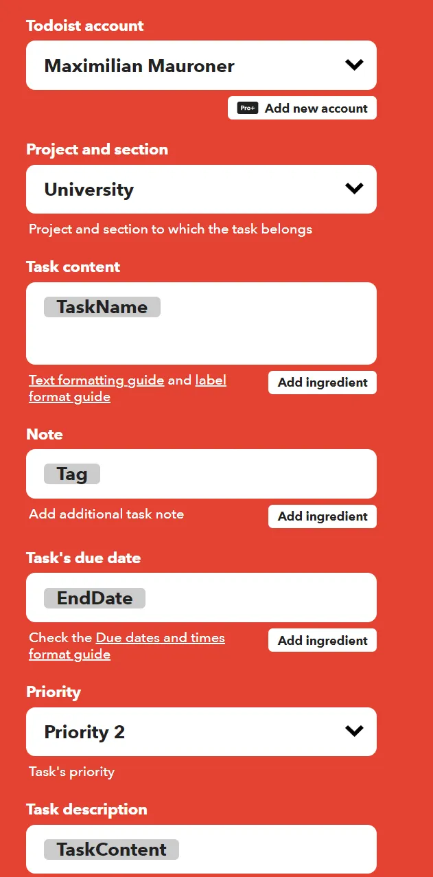 Todoist setup for the action inside IFTTT