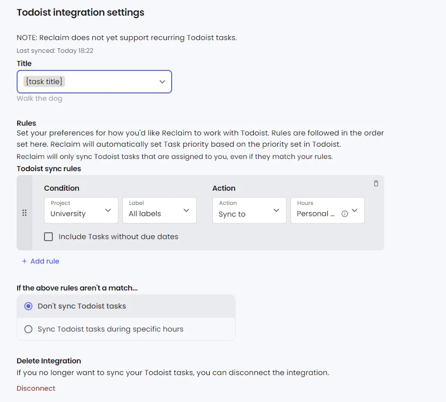 TickTick integration setup inside Reclaim